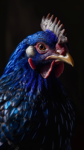 A blue and black chicken with a red eye