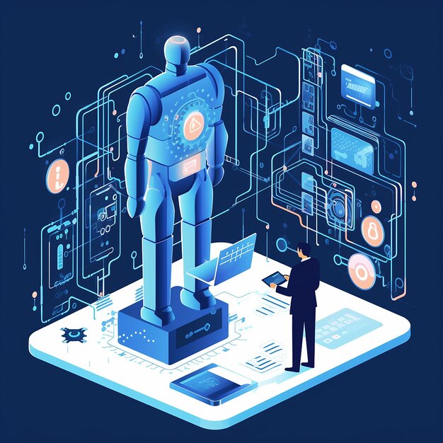 a blue and black drawing of a robot with a man standing in front of a computer.