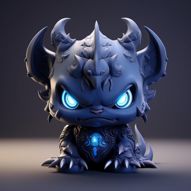 a blue and black figurine of a demon with glowing eyes