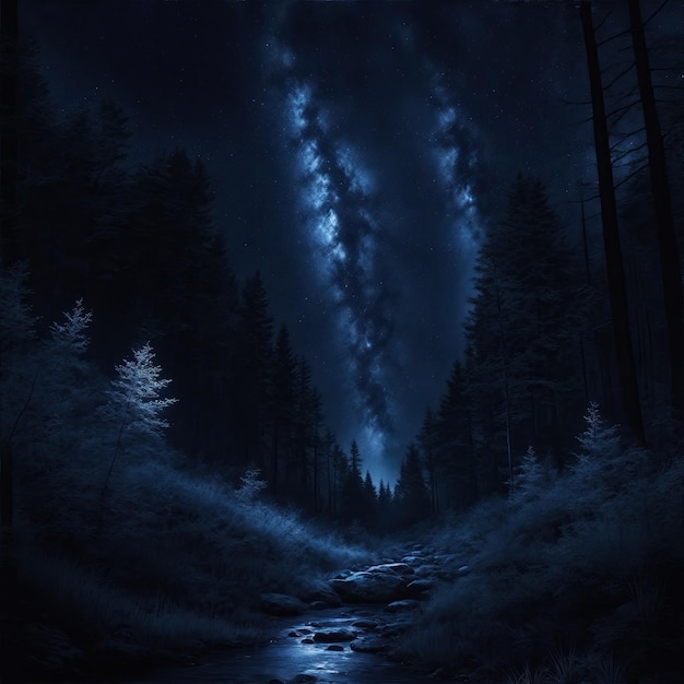 blue and Black Forest at night with starry sky