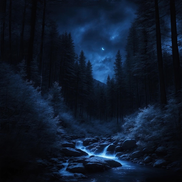 blue and Black Forest at night with starry sky