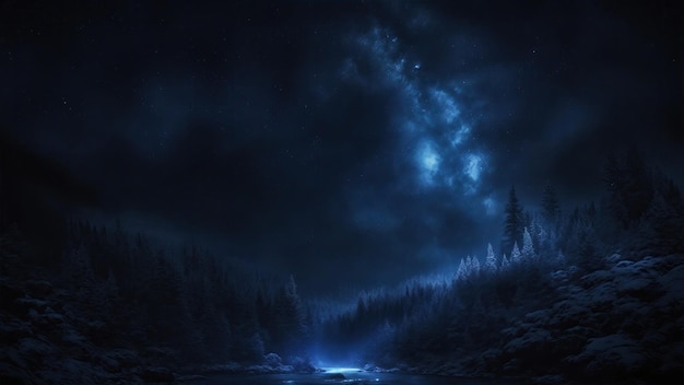 밤에는 별이 빛나는 하늘과 함께 파란색과 검은 숲