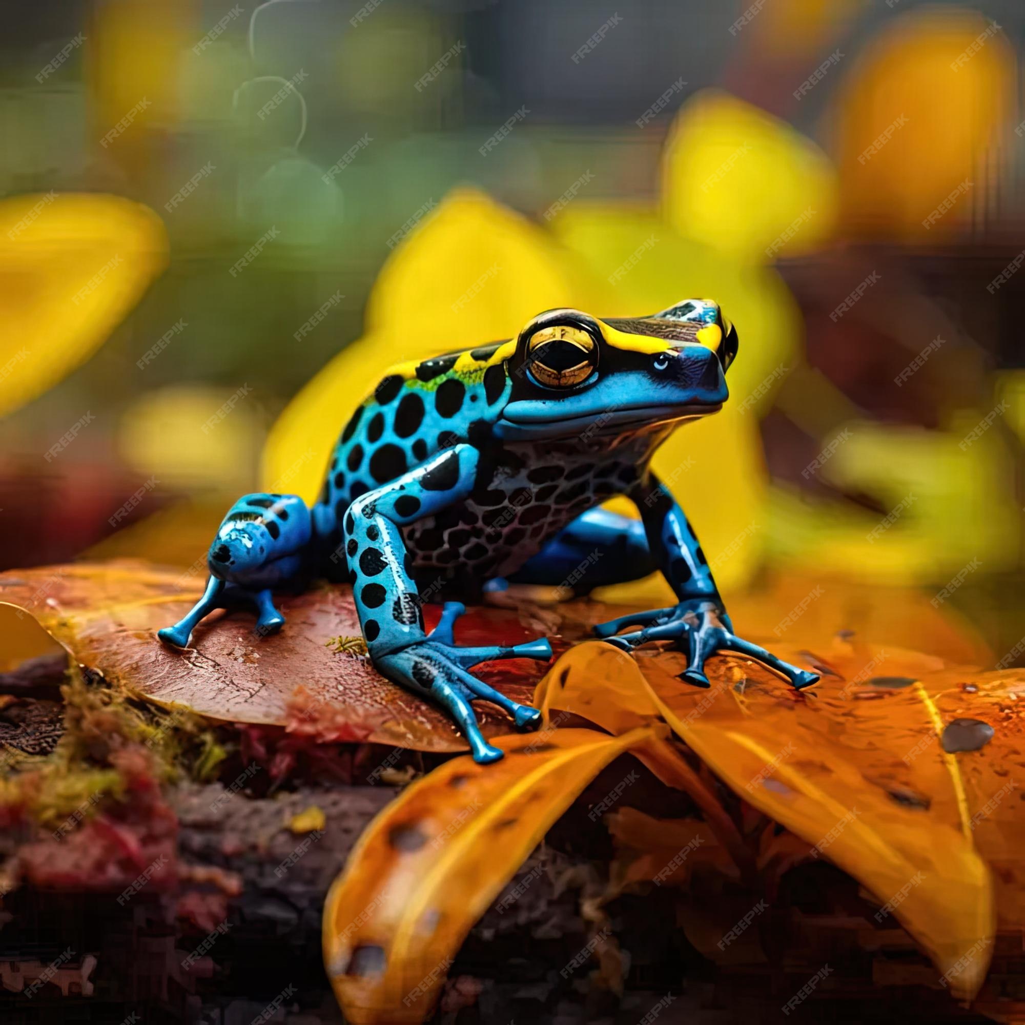 Premium Photo | A blue and black frog sitting on top of a leaf