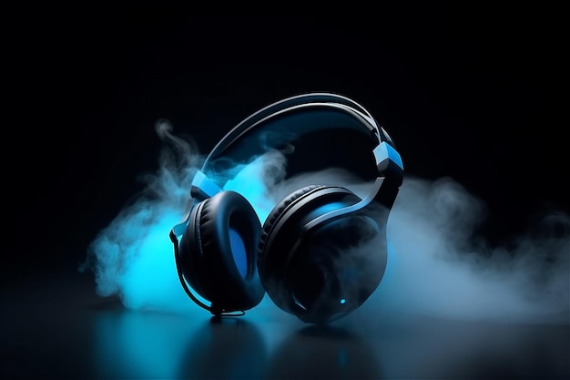 A blue and black headphones with a black background