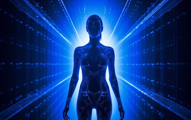 A blue and black image of a woman's body with the word data on it.