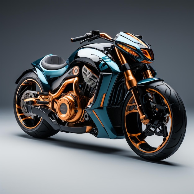 a blue and black motorcycle in the style of dark silver and light orange dark teal and light skyblue