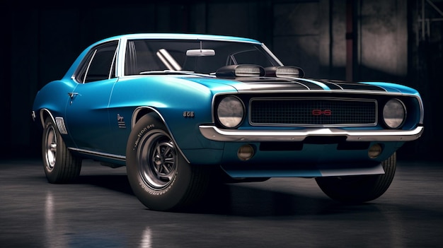 A blue and black muscle car with the license plate Generative AI