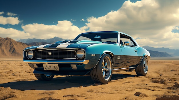 A blue and black muscle car with sand field