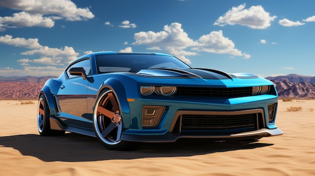 A blue and black muscle car with sand field