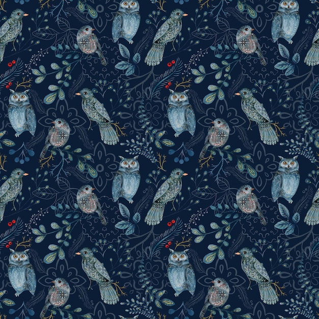 A blue and black owl pattern with a red hat on it.