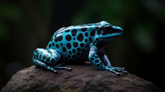 A blue and black poison dart frog sits on a branch.