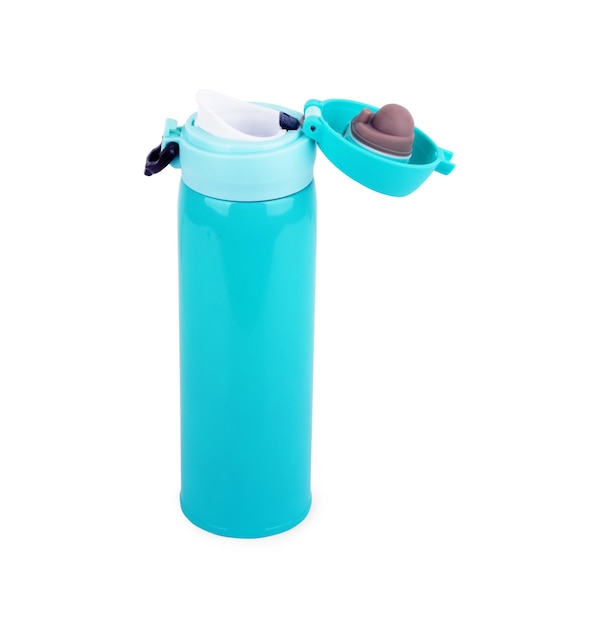 Photo blue and black thermos, thermo bottle, on white background, isolated