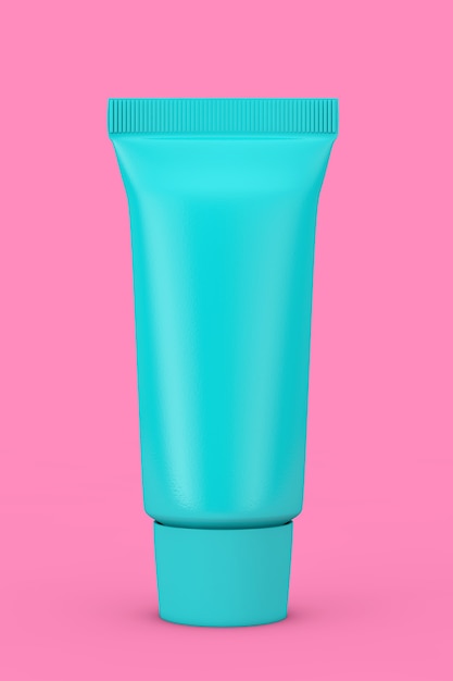ピンクの背景にデュオトーンスタイルの青い空白の化粧品クリームチューブ。 3Dレンダリング