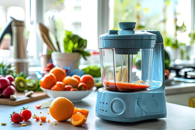 A blue blender sitting on top of a counter