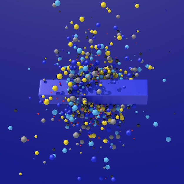 Blue block and bright colorful particles flying Blue background Abstract illustration 3d render