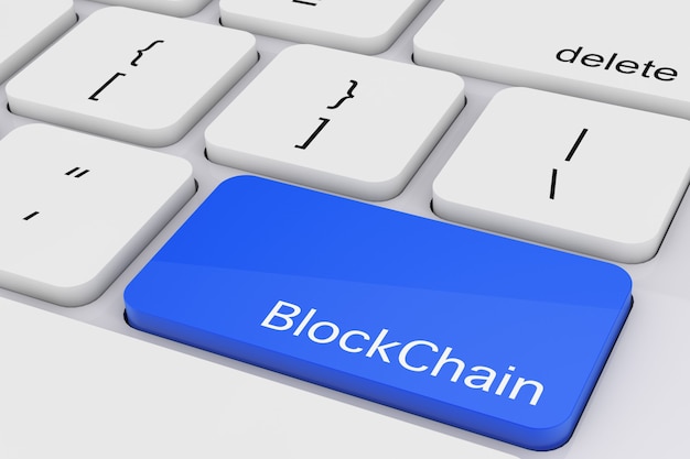 Синий ключ Blockchain на белой клавиатуре ПК крайнем крупном плане. 3d рендеринг