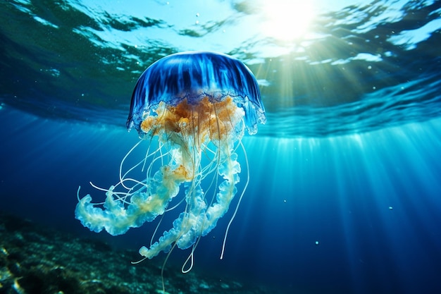 Blue blubber jelly fish underwater