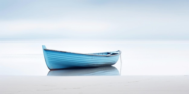 Blue boat in a calm sea waters near a beachline Calm tranquil landscape Generative AI