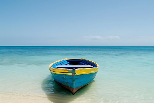 Blue boat floats on blue sea