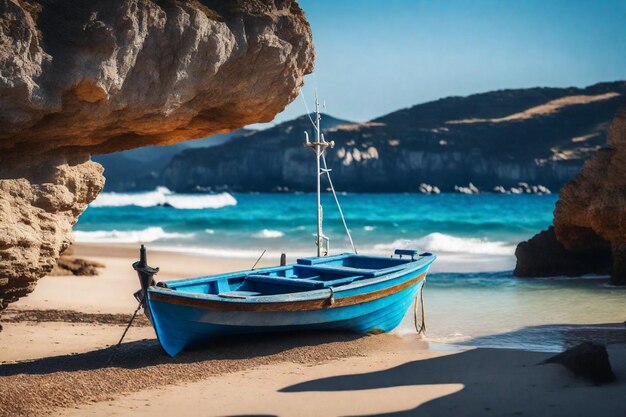 a blue boat is on the beach and the ocean is in the background