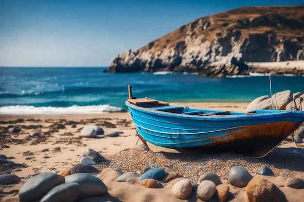 a blue boat is on the beach and the ocean is blue