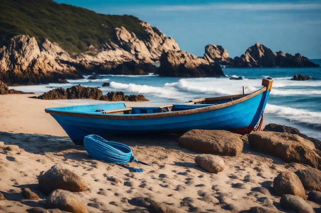 a blue boat is on the beach with a person sitting next to it