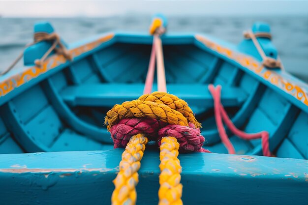 Photo blue boat with colorful ropes