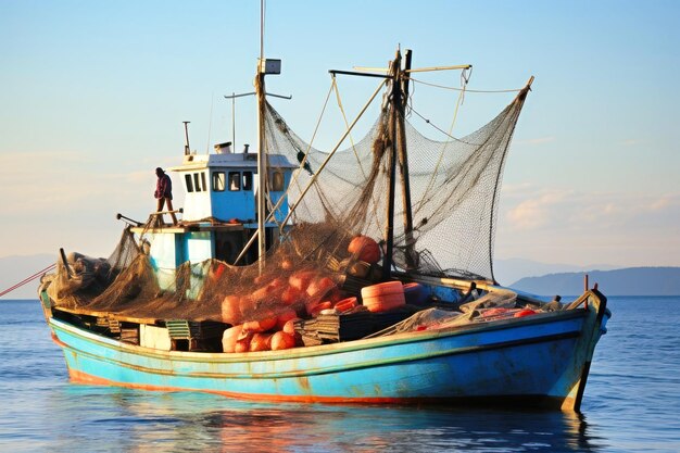 A blue boat with a net on it floating in the water