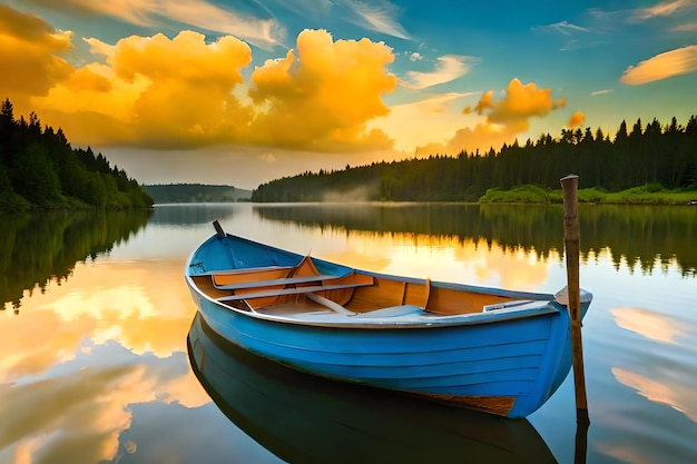 A blue boat with a yellow boat on the water