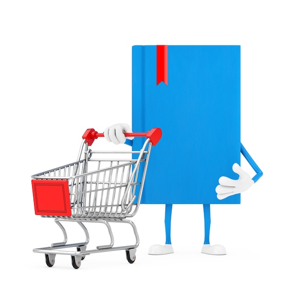 Blue Book Character Mascot met Shopping Cart Trolley op een witte achtergrond. 3D-rendering