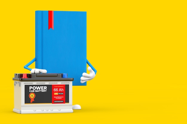 Blue Book Character Mascot and Rechargeable Car Battery 12V Accumulator with Abstract Label on a yellow background. 3d Rendering