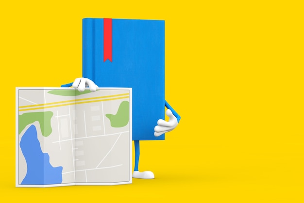 Blue book character mascot with abstract plan map on a yellow background. 3d rendering