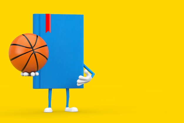 Blue Book Character Mascot with Basketball Ball on a yellow background. 3d Rendering