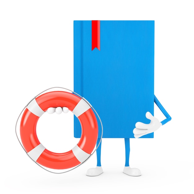 写真 白い背景の上の救命浮き輪と青い本のキャラクターのマスコット。 3dレンダリング