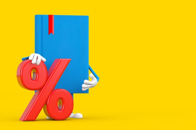 Blue Book Character Mascot with Red Retail Percent Sale or Discount Sign on a yellow background. 3d Rendering