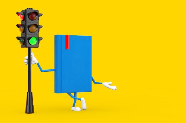 Blue Book Character Mascot with Traffic Green Light on a yellow background. 3d Rendering