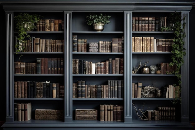 a blue book shelf with a plant on the top of it