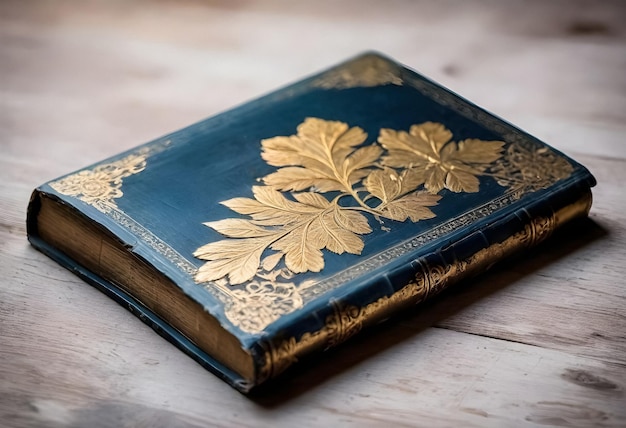 a blue book with gold leaves on the cover