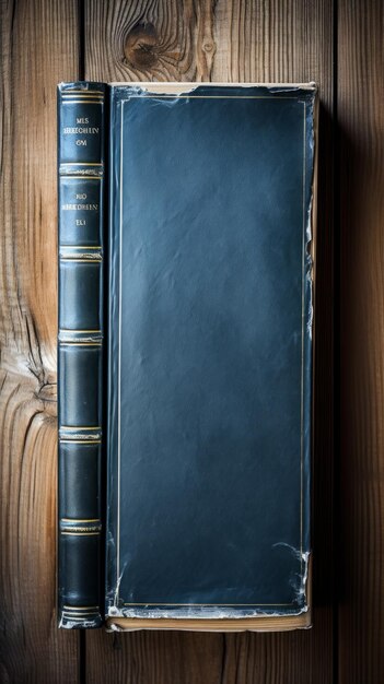 Blue book with golden text on a wooden table