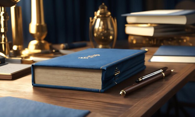 a blue book with the word h on the top of it