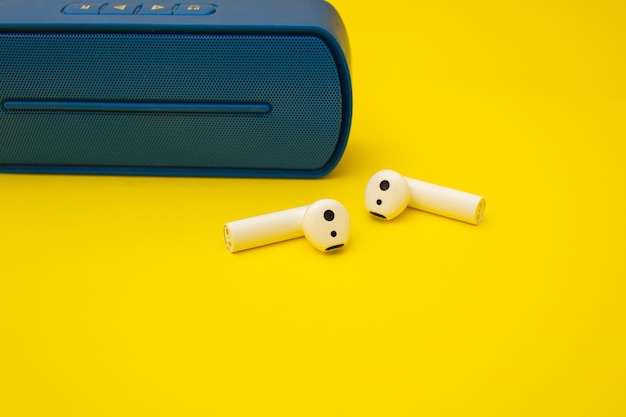 Blue boombox on yellow background colors of the Ukrainian flag