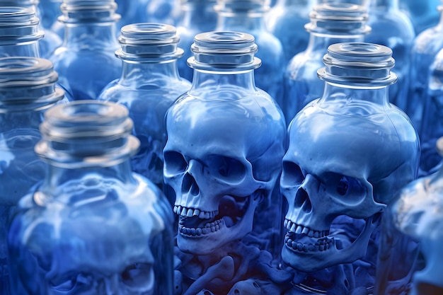 A blue bottle of liquid with a skull on it