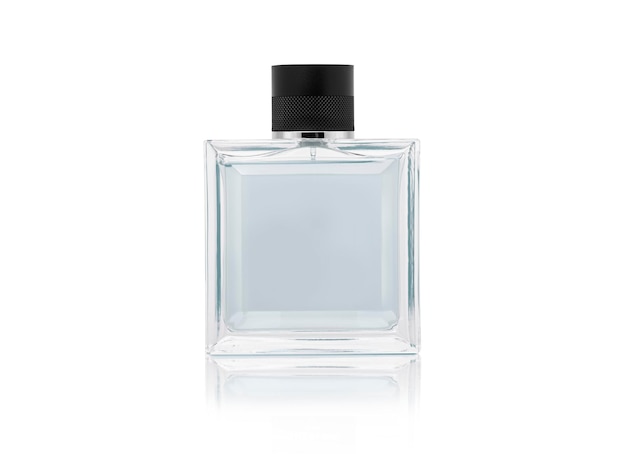 Blue bottle of perfume close up isolated on a white background