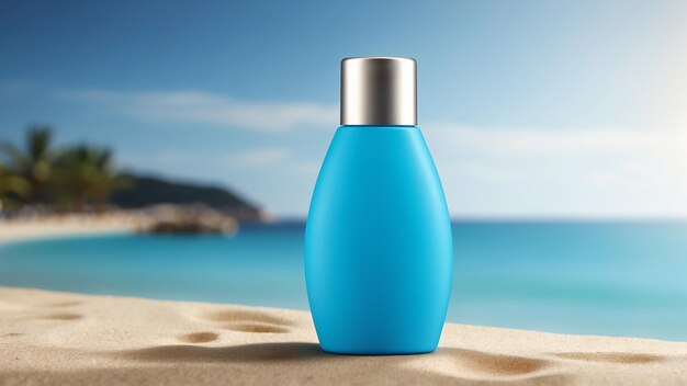 a blue bottle of perfume sits on the beach