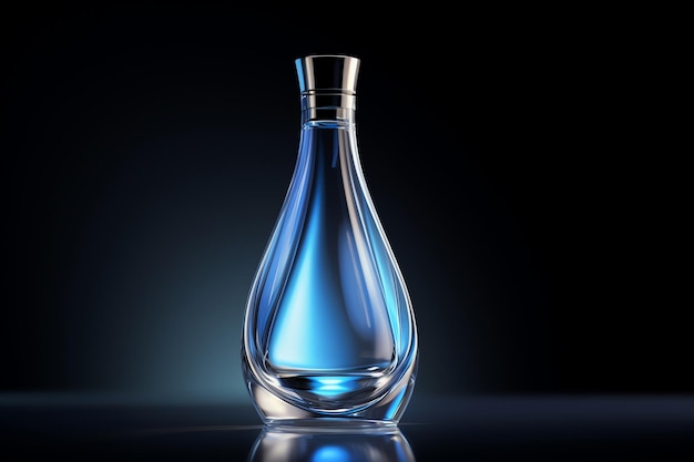 A blue bottle of perfume with a black background.