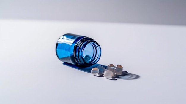 A blue bottle of pills is spilled on a white surface.