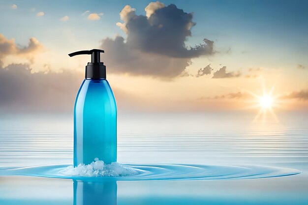 A blue bottle of soap is in the water with the sun behind it