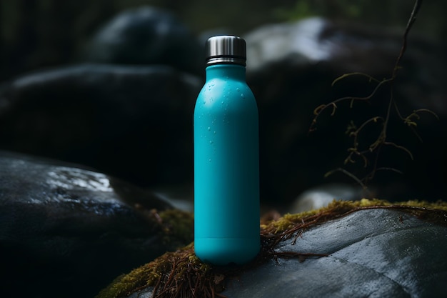 A blue bottle of water sits on a rock in the woods.