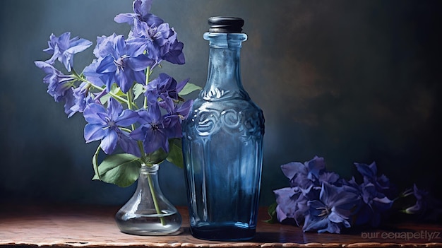 A blue bottle with flowers inside in the style of chiaroscuro portraitures Generative AI