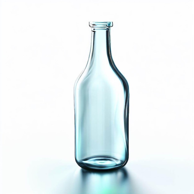 A blue bottle with a green top sits on a white surface.